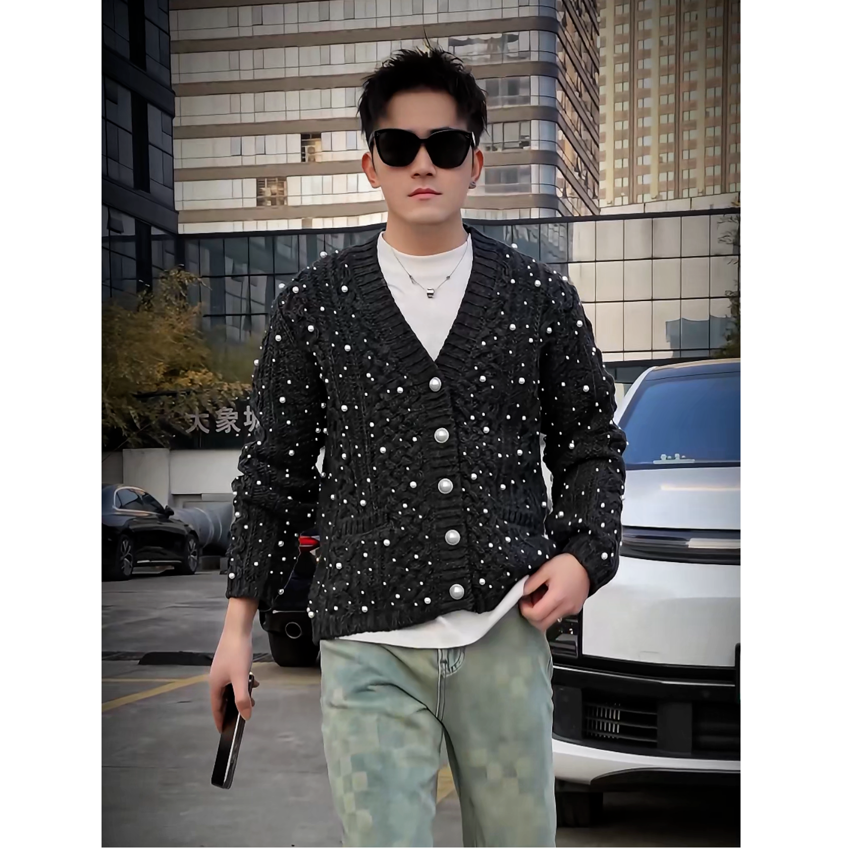 2025秋冬季简欧轻奢成熟痞帅小珍珠羊毛针织衫休闲潮牌宽松外套男