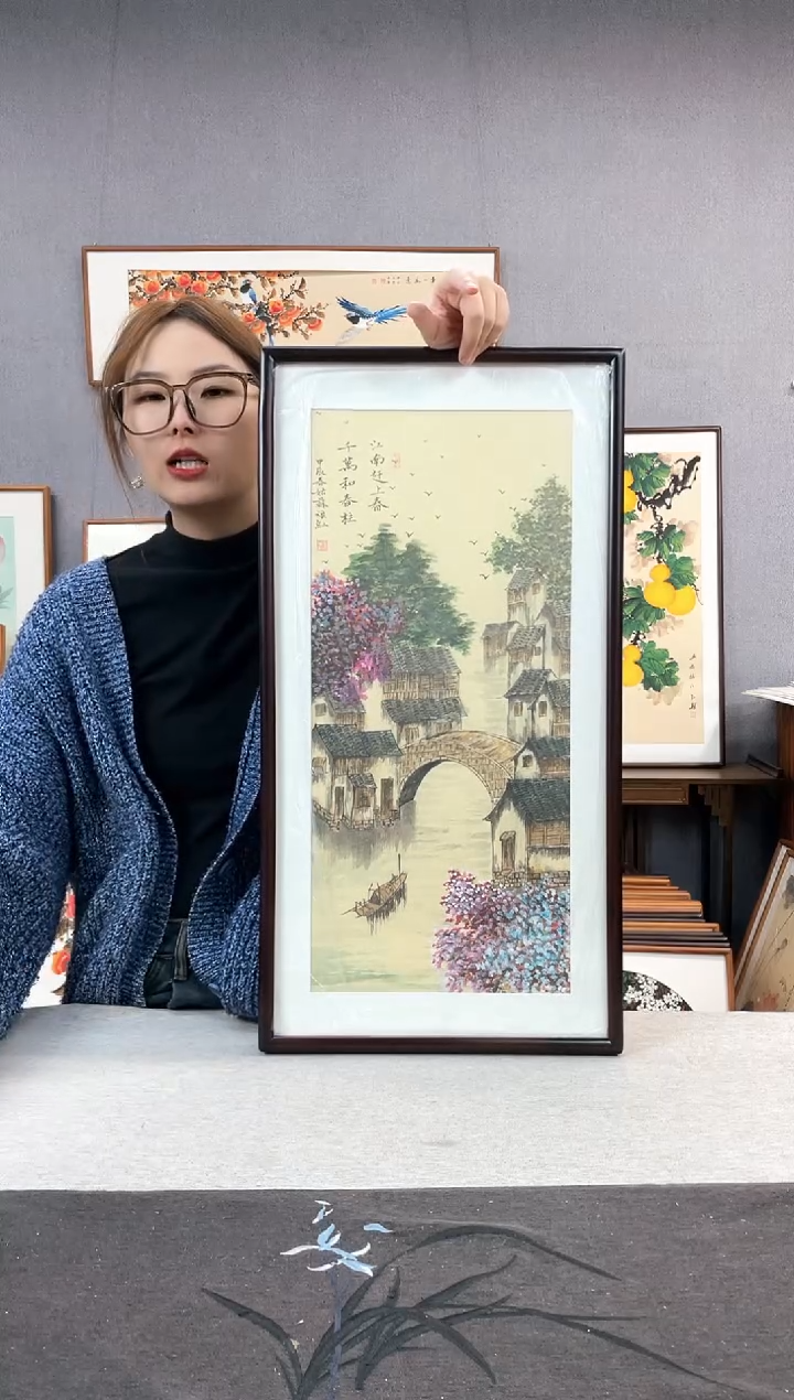 【闪购商品】国画金旗红-手绘带框作品-35*68-水乡