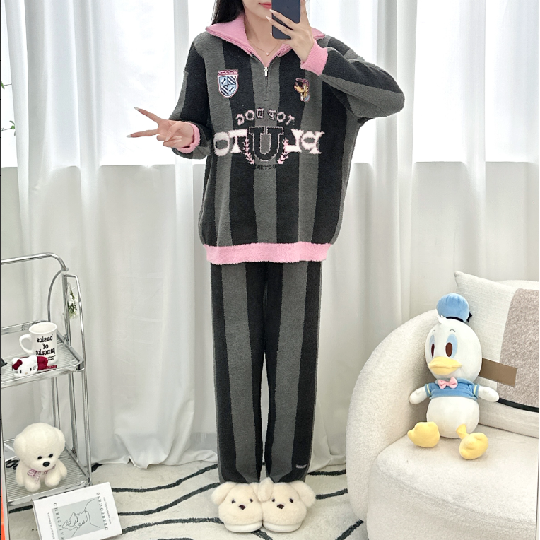 条纹狗冬季加厚睡衣女款2025新款卡通秋冬加绒加厚家居服外穿