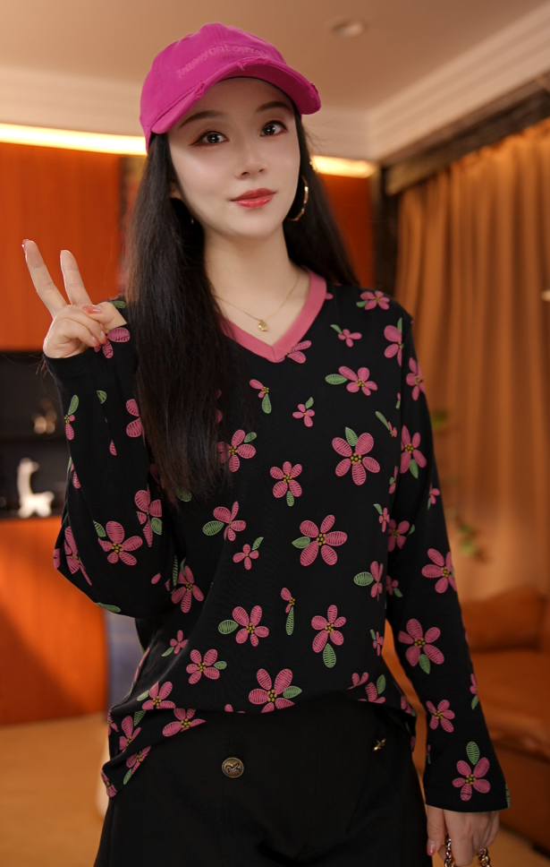 QJGAODING-新款复古风花朵图案长袖T恤【0122】