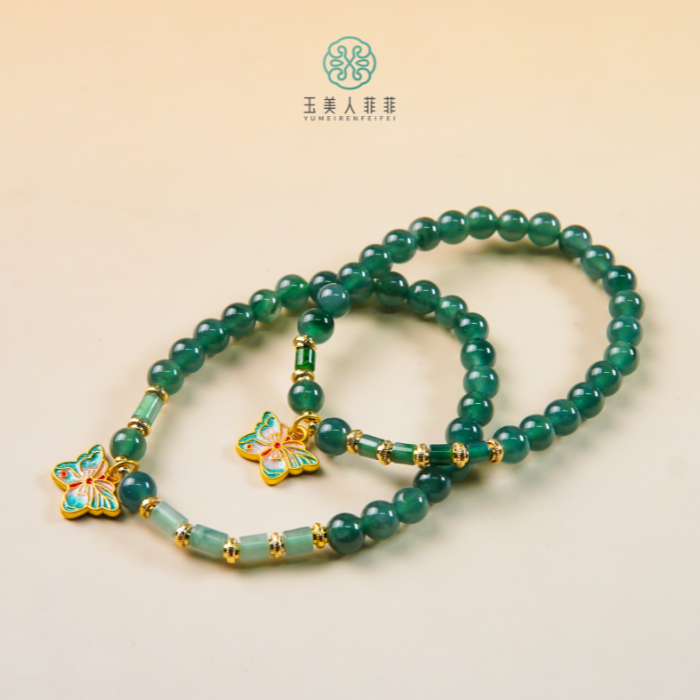 HD石惑珠宝~翡翠单圈蝴蝶圆珠手串6mm+/多样性发一