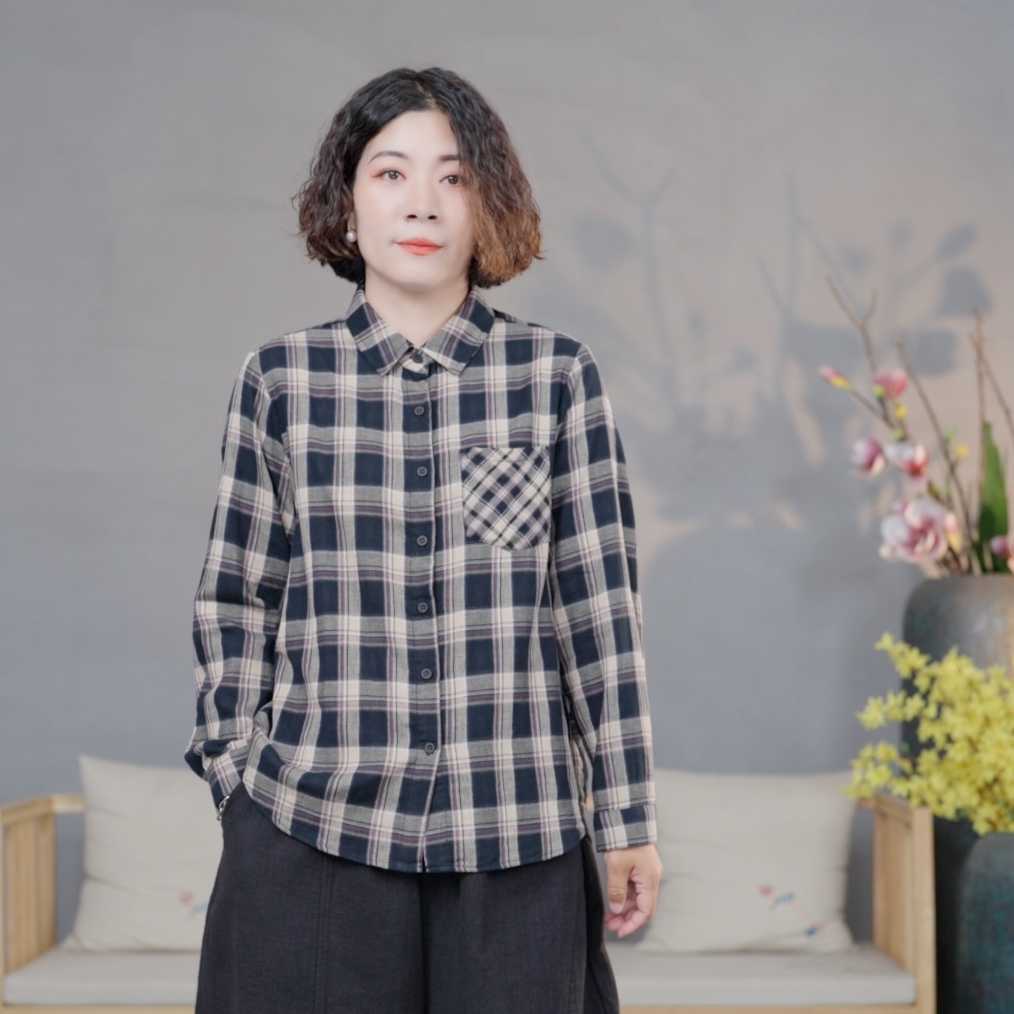 【悦兮】秋季新款文艺百搭休闲时尚格纹大气宽松洋气女衬衫25112