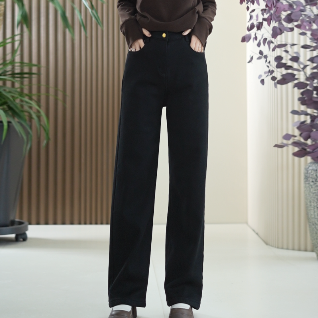 【加长版】复合暖晴绒直筒牛仔裤女大码弹力冬季保暖显瘦阔腿长裤