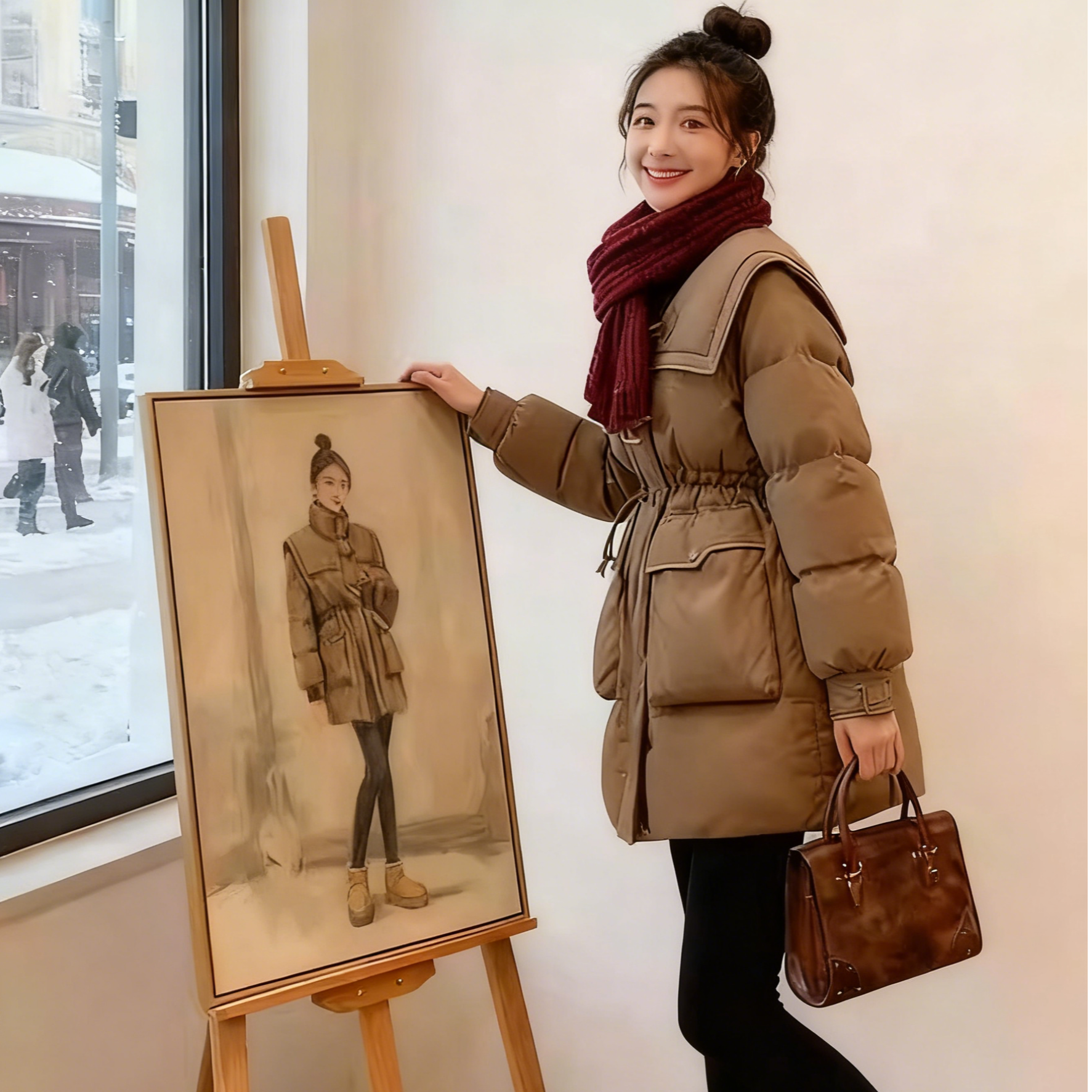 【婷婷专属】冬季新款收腰牛角扣立领中长款百搭鸭绒时尚羽绒服外套