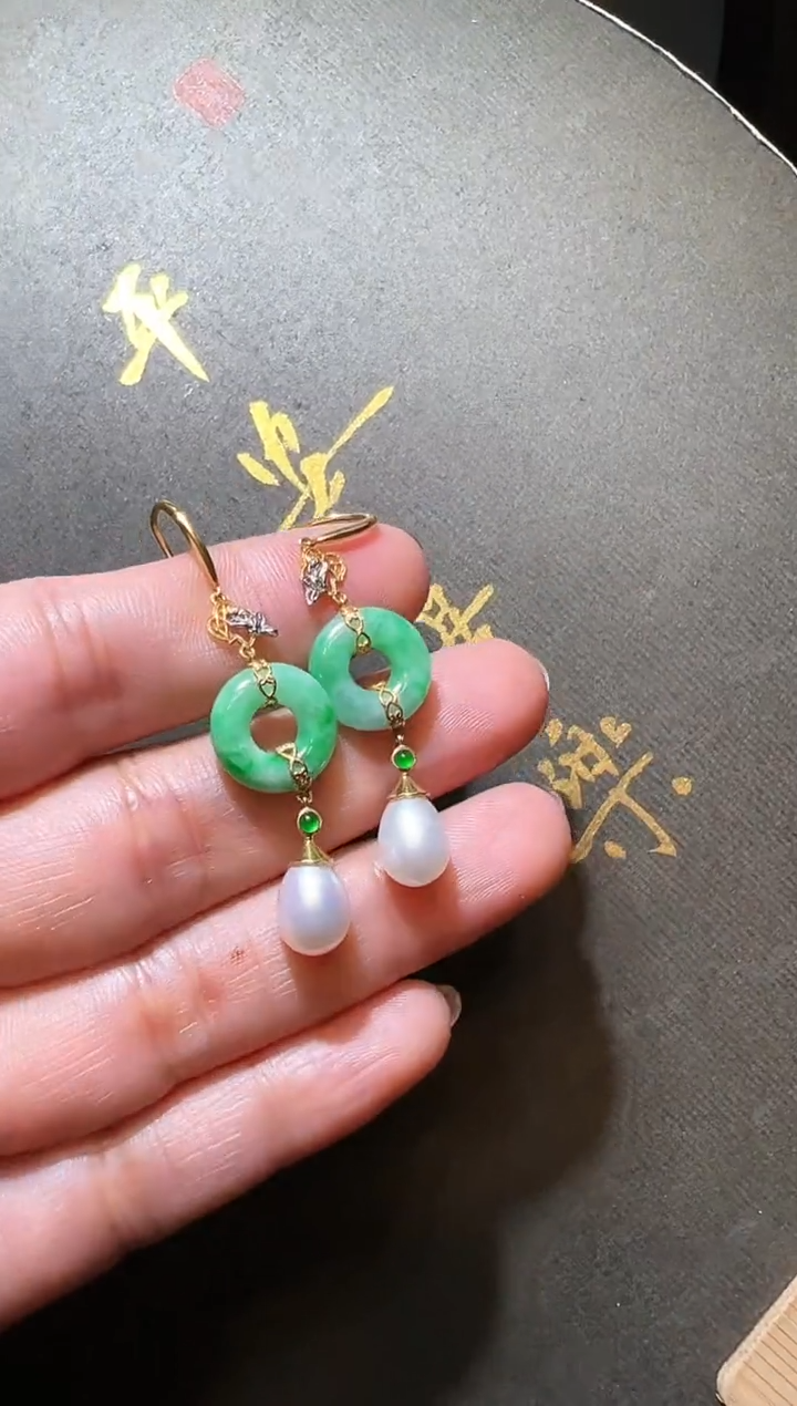 【闪购商品】翡翠耳饰18K金镶嵌翡翠甜甜圈耳饰