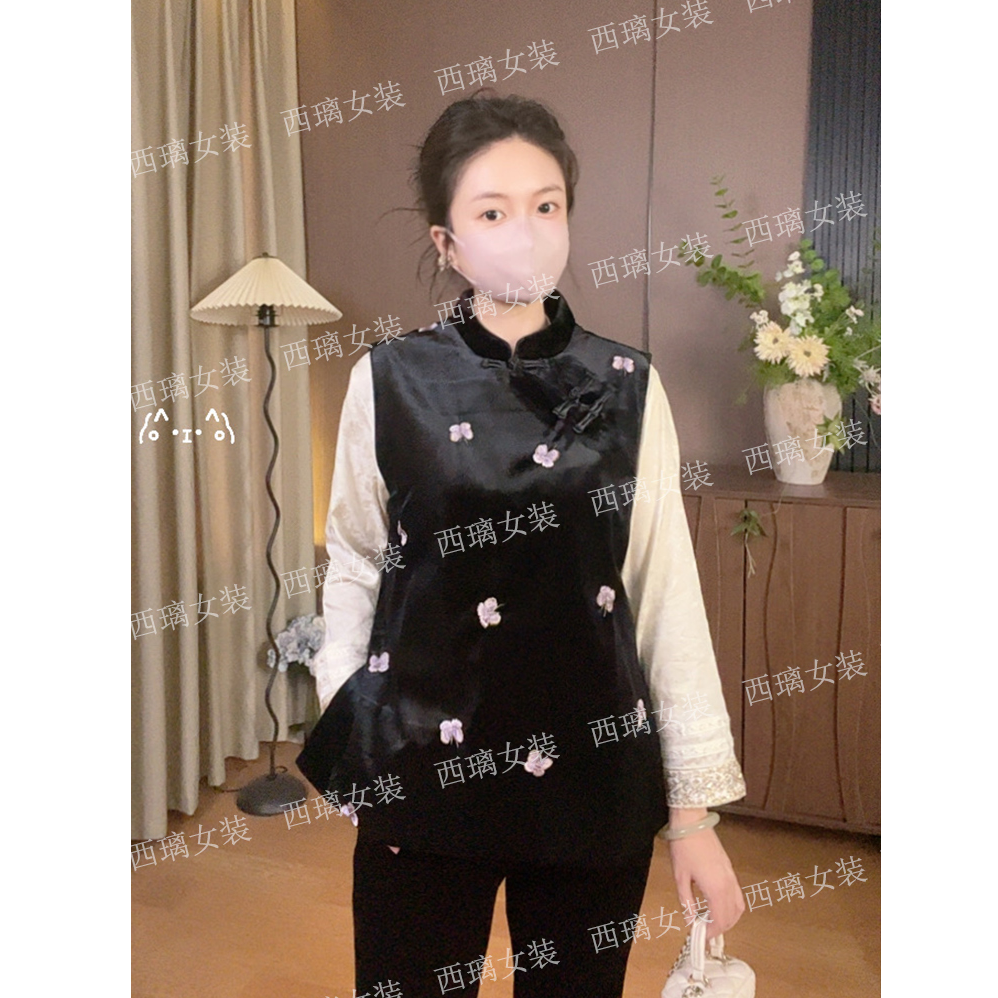 【墨依蝶】刺绣丝绒宽松马甲时尚新中式国风马夹女士秋冬季无袖休闲