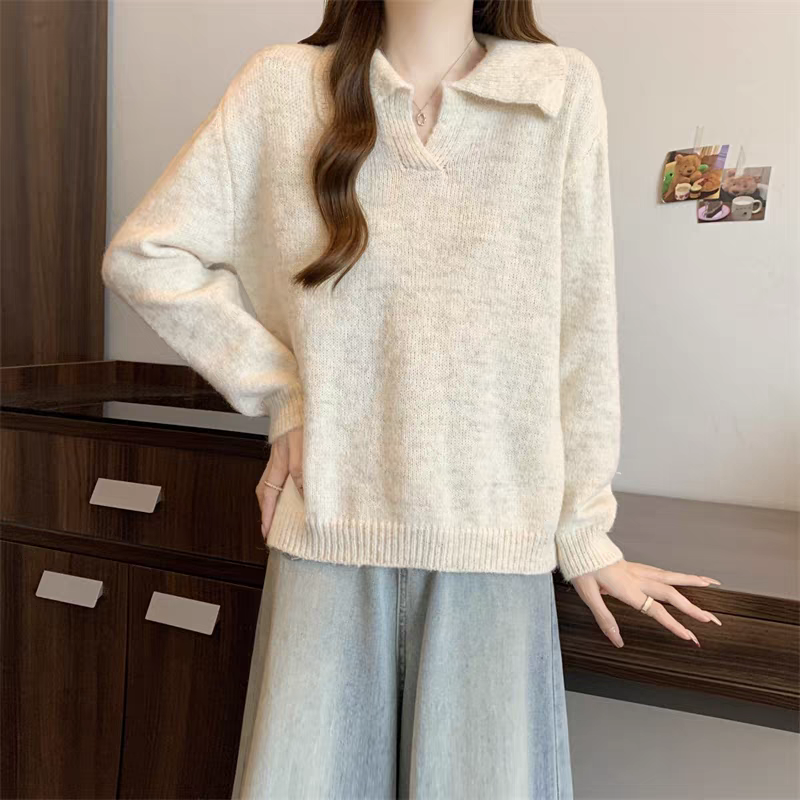 韩系燕麦色V领针织衫女秋冬穿搭老钱风修身毛衣polo衫打底上衣