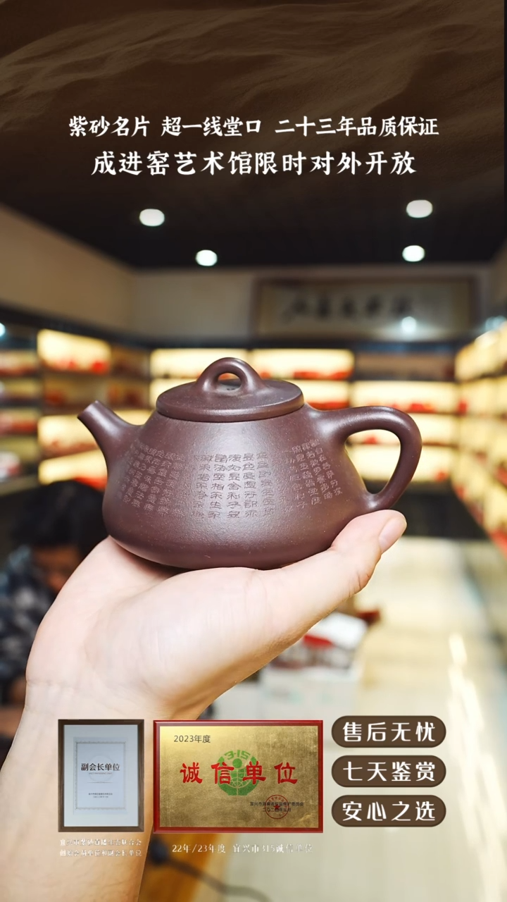 紫砂壶老紫泥刻绘石瓢260cc