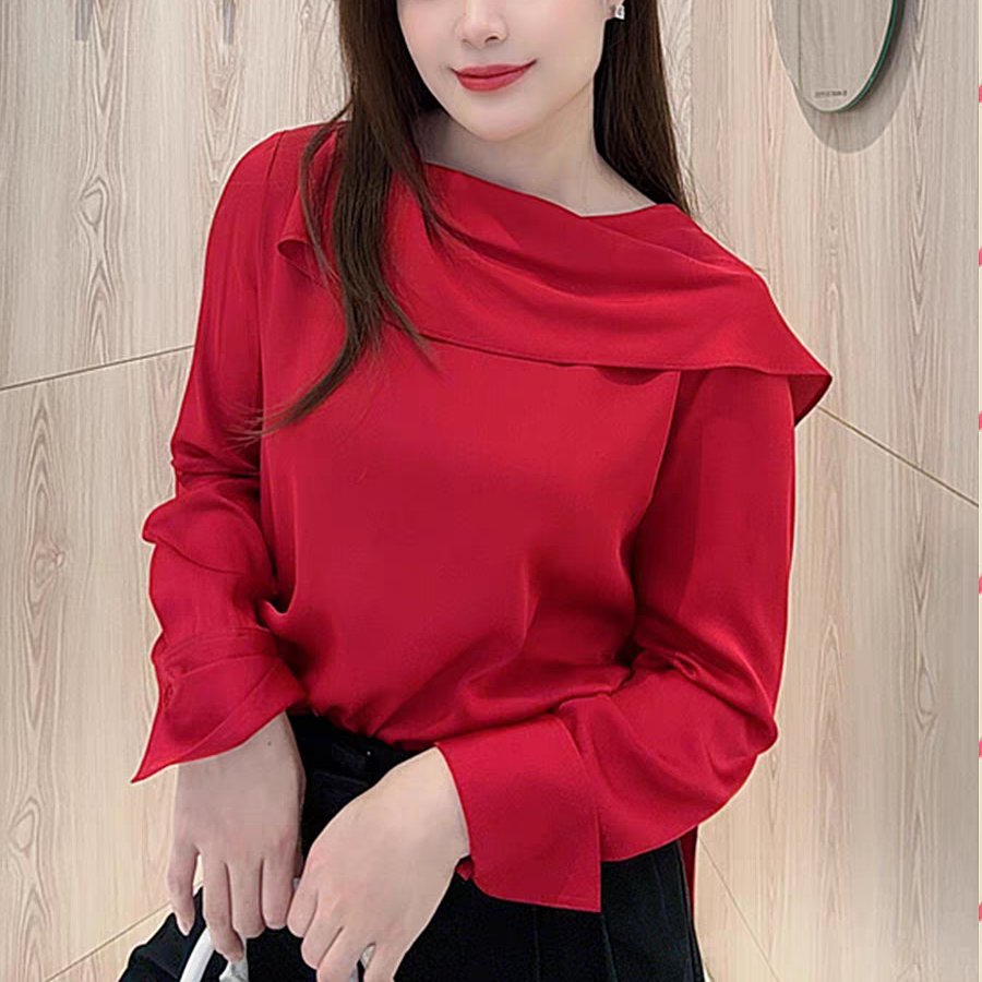 艾家2026春季新款红色长袖荡领飘带轻薄雪纺衬衫红色上衣女1174