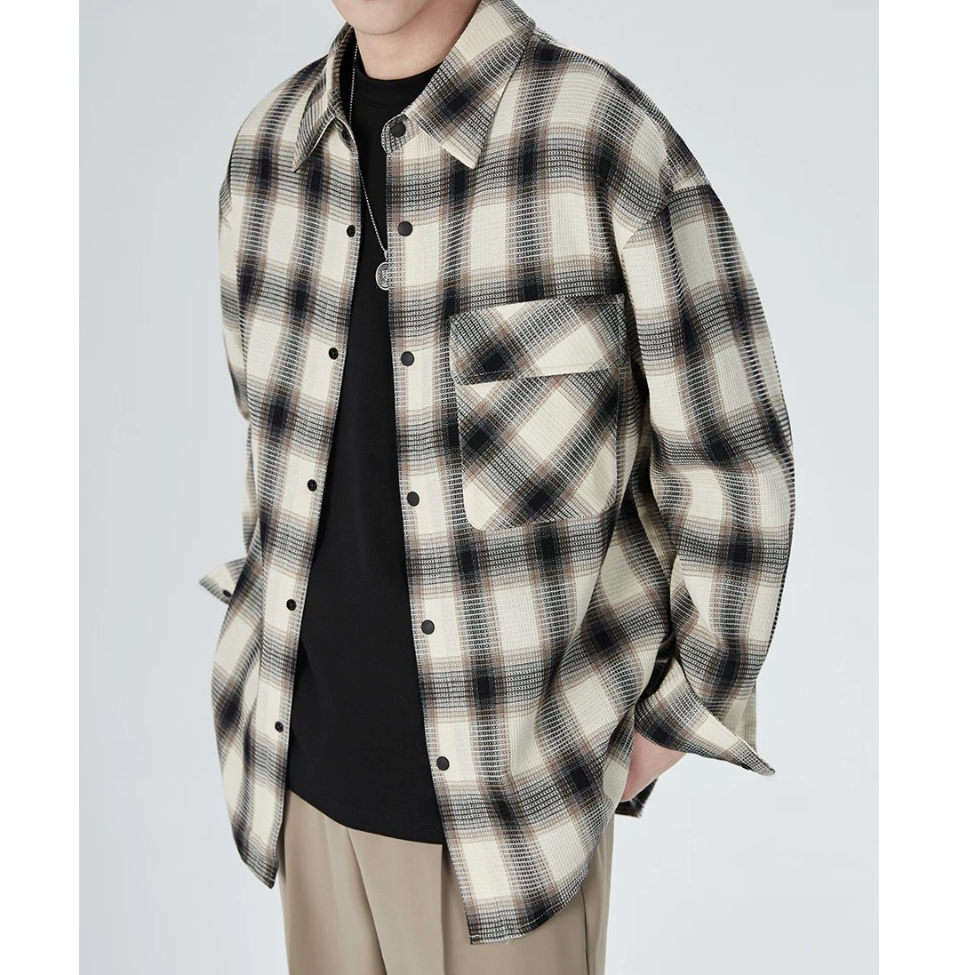 日系简约宽松休闲格子衬衣外套高级感轻奢通勤外穿长袖衬衫25013
