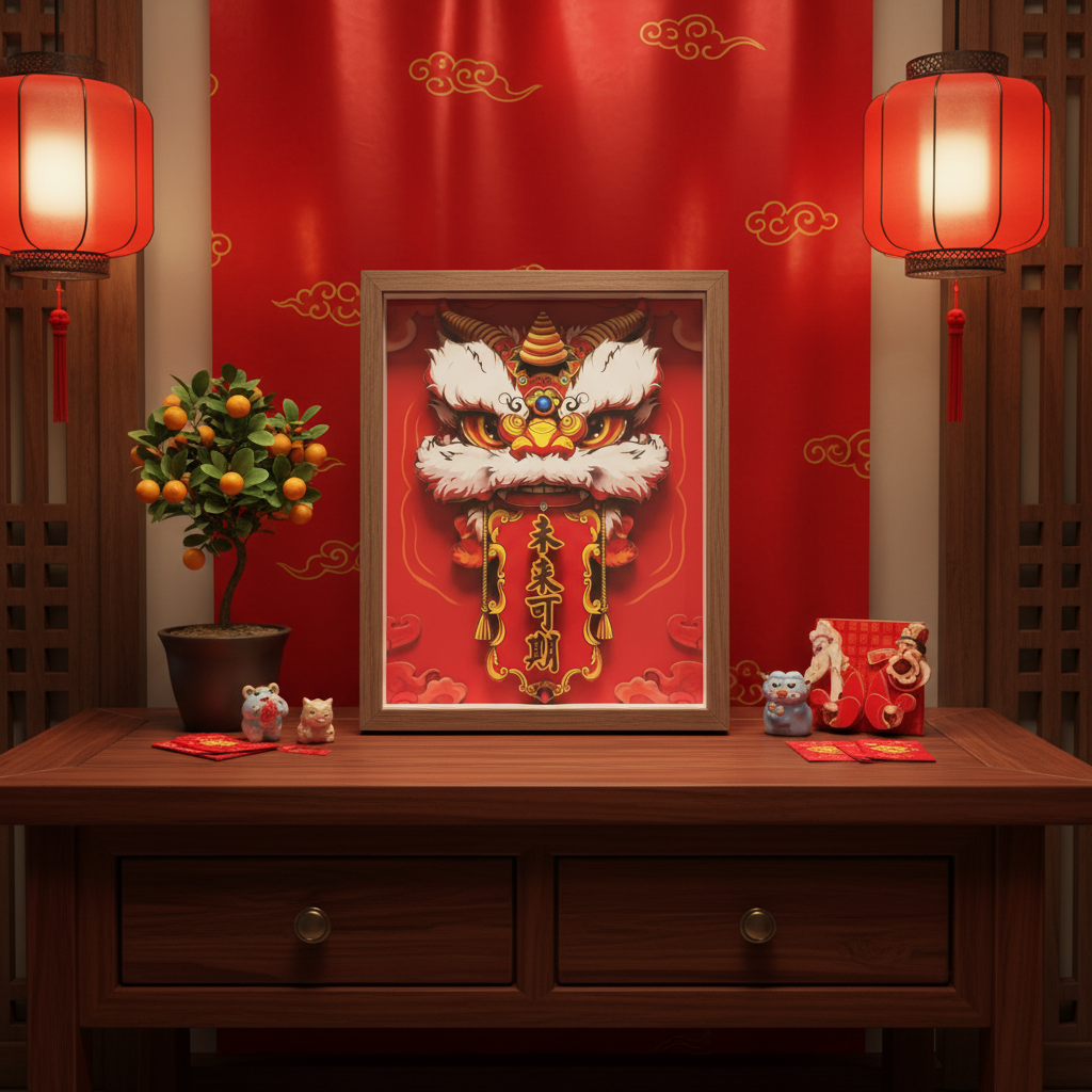 国风醒狮卷轴未来可期立体摆台相框装饰画