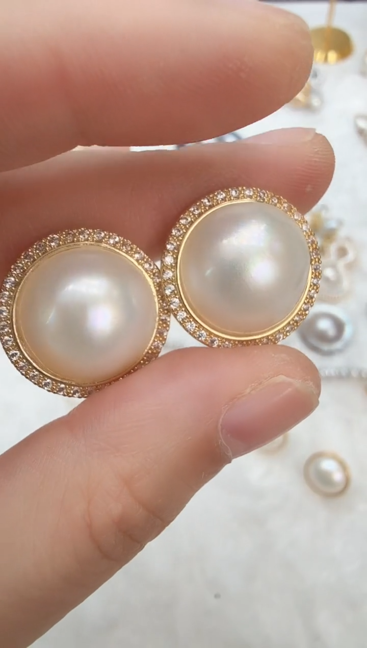 耳饰拼合珍珠（马贝珠）未镶嵌太阳花金色