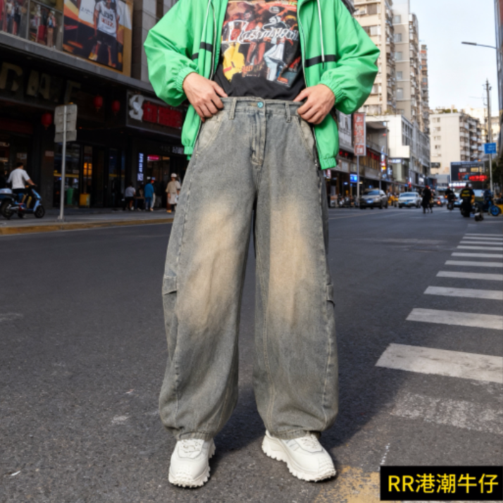 直筒牛仔阔腿裤男士宽松弯刀裤裤子牛仔裤大码复古休闲高街潮流