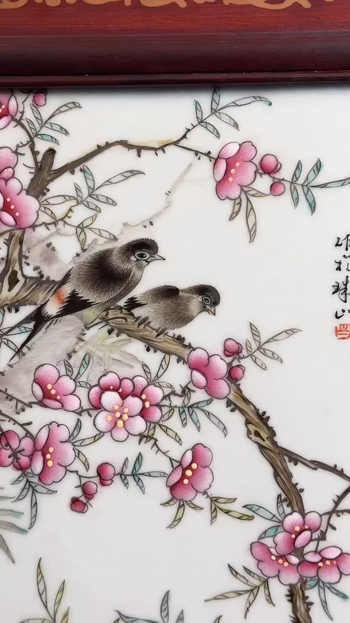 摆件瓷组委会水点桃花瓷板10带证书