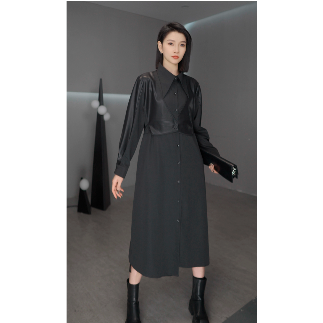 鑫鑫原创2025春季新款拼接假两件设计POLO领时尚中长连衣裙62309