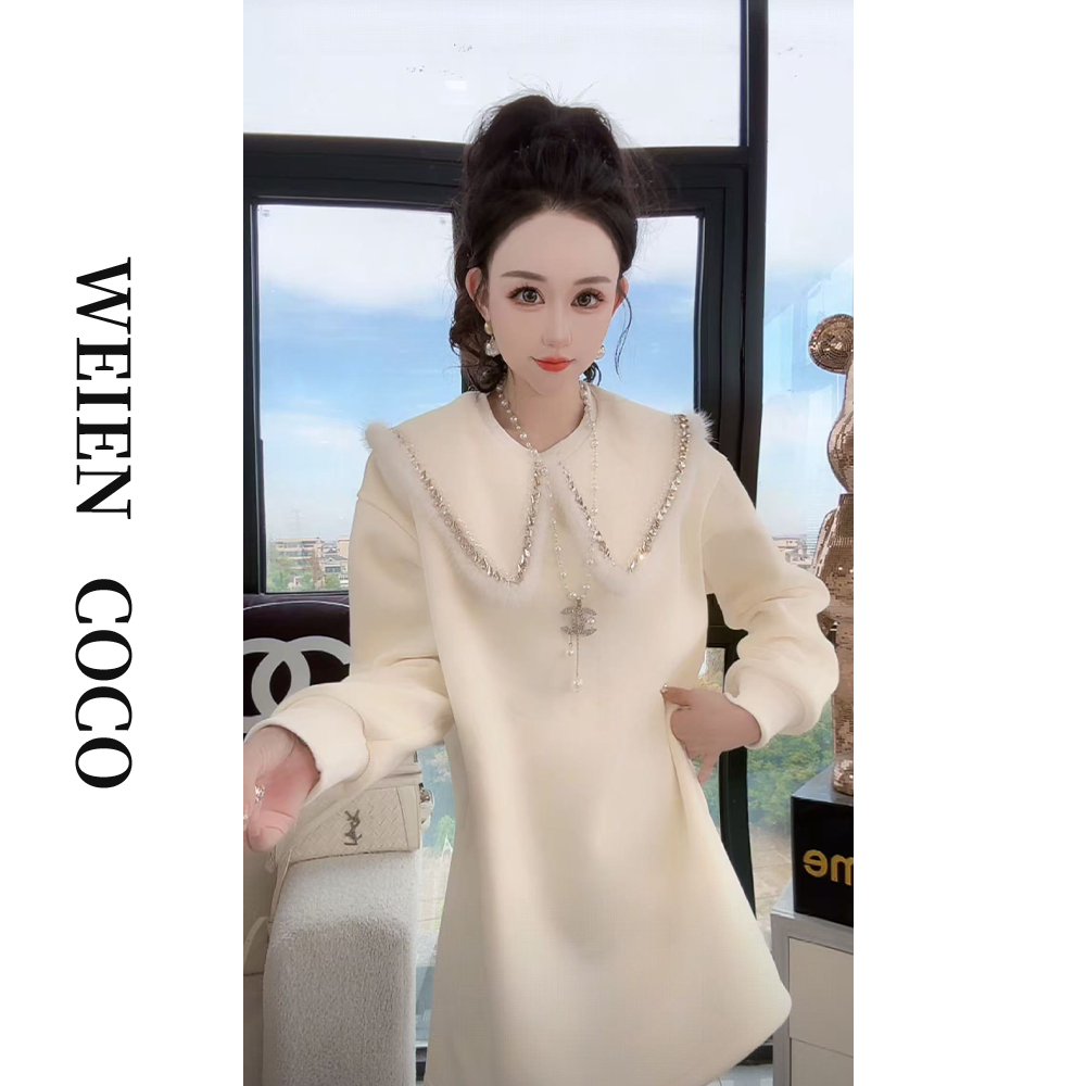 【薇恩COCO】时尚镶钻欧货娃娃领加绒卫衣中长款S6235