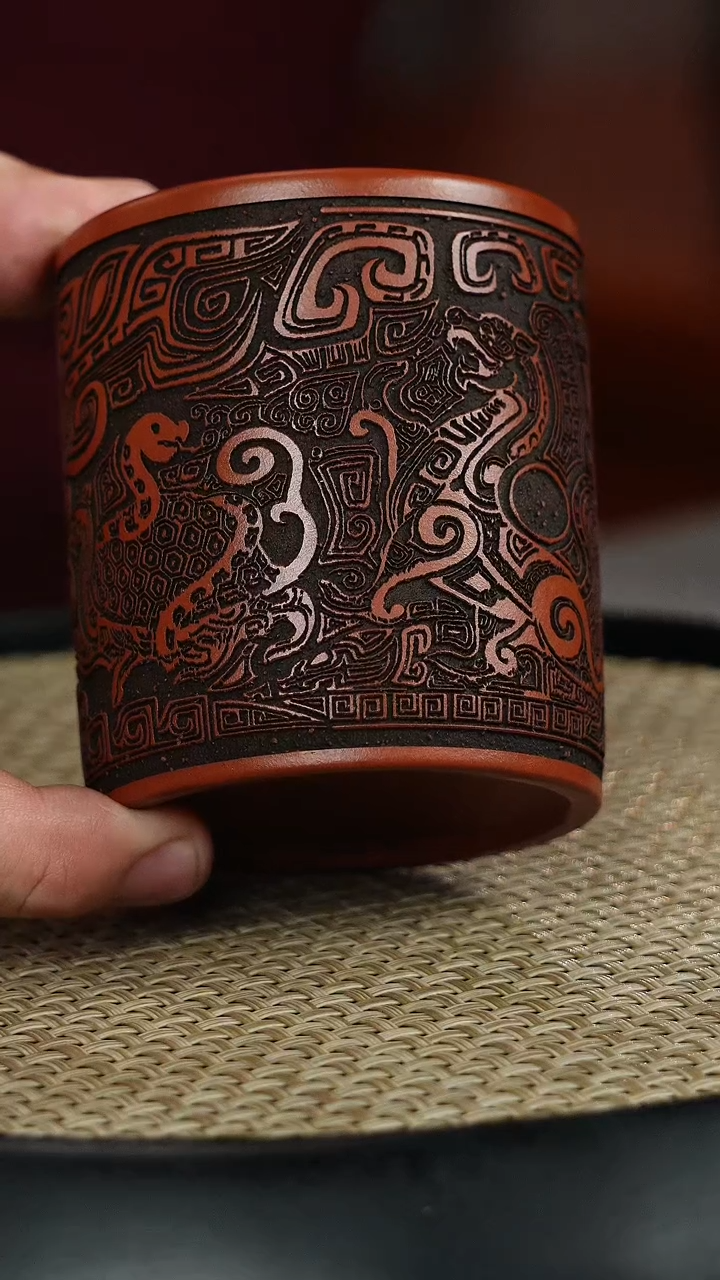 茶壶紫砂大红袍 四大神兽 直筒杯