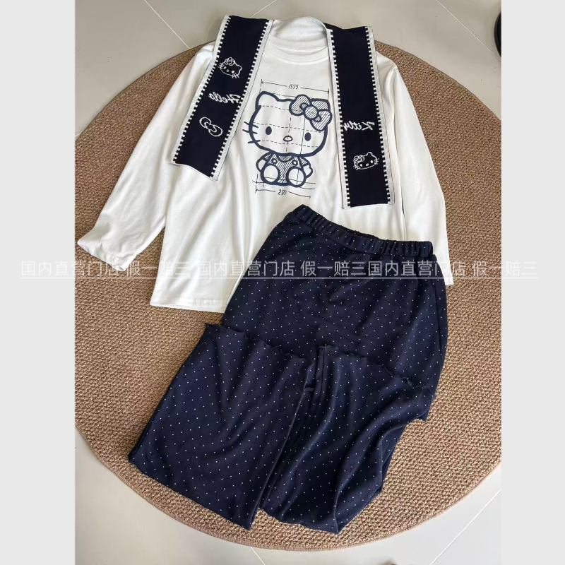 （送披肩）美式洋气小众趣味Kitty短袖t恤夏宽松显瘦上衣裤子三件套