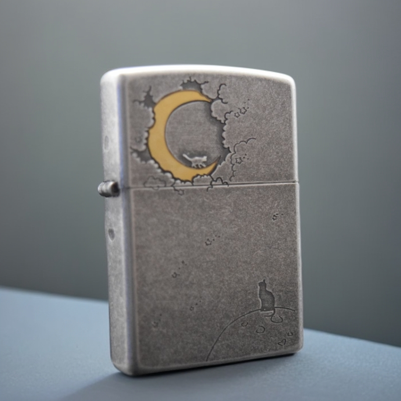 ZIPPO/之宝打火机月上猫常规古银镶嵌黄铜月亮 DYJ1
