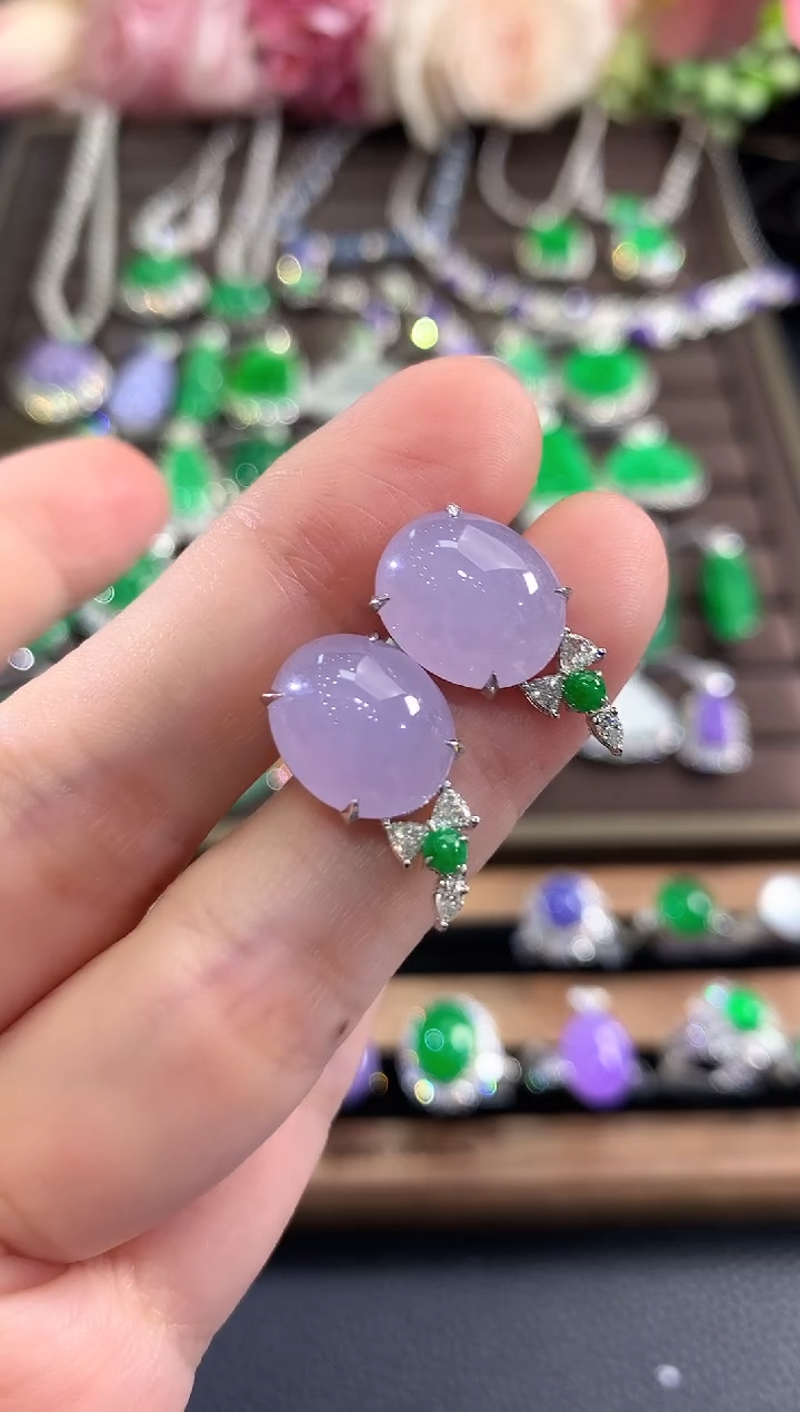 18K金镶嵌翡翠耳饰d27 紫货有色差