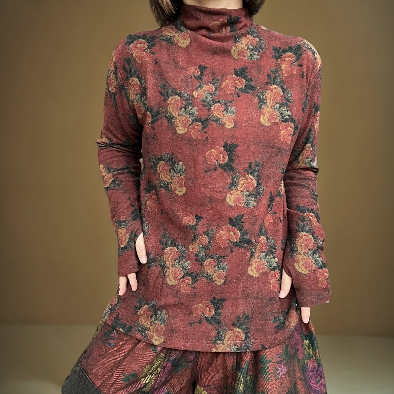 2464修身型仙女风印花常规款常规T恤中式打底衫百搭秋冬