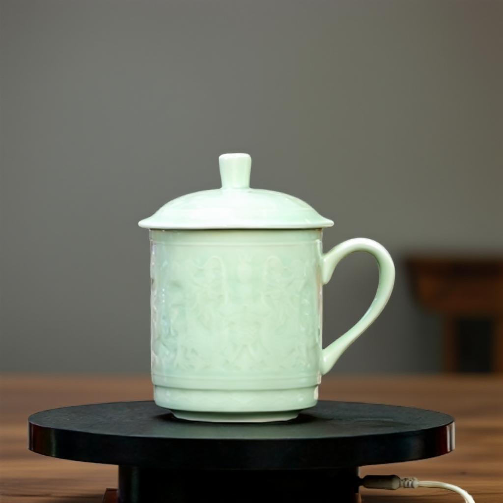 景德镇陶瓷办公杯 暗刻龙纹影青办公杯