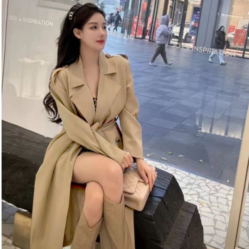 【小个子】风衣外套女中长款2025春新款高级感翻领时尚宽松卡其色