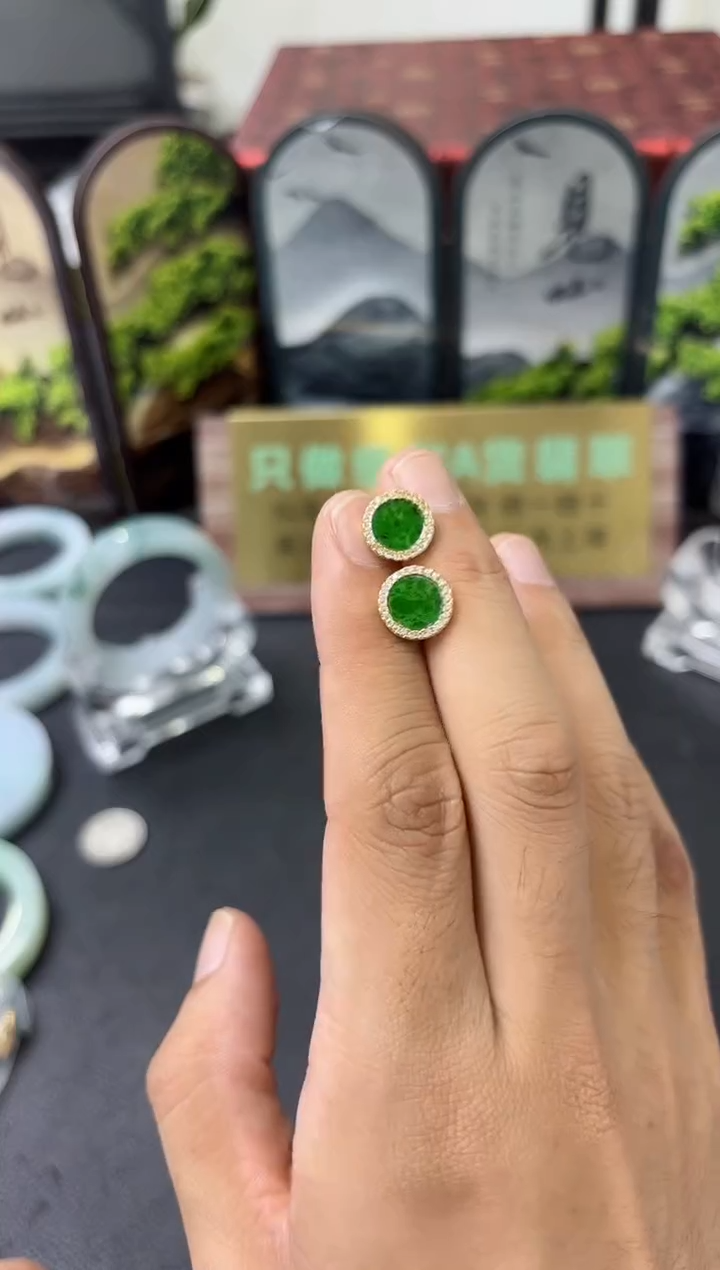 银S925镶嵌翡翠耳饰耳钉一对