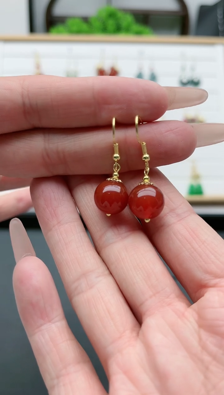 【闪购商品】南红玛瑙耳饰银S925镀金镶嵌081