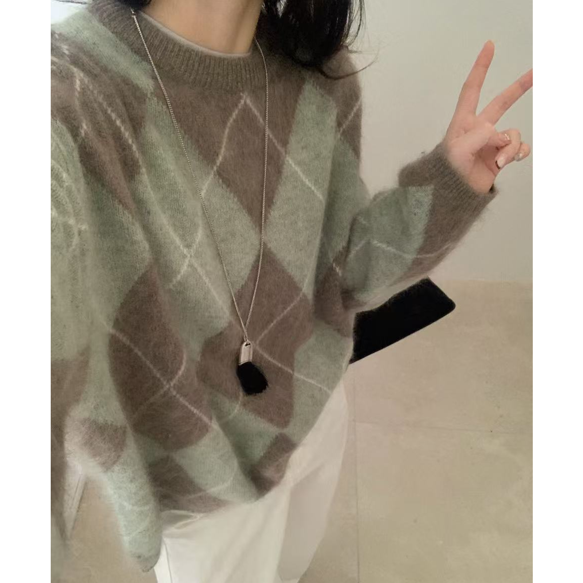 T3004 「沙漠鼠尾草」复古菱格圆领保暖毛衣