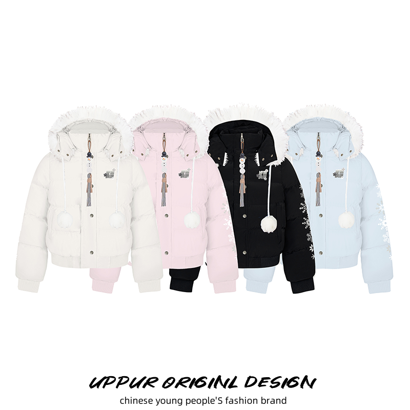 UPPUR 原创雪花刺绣美式复古冬季短款雪人拉链连帽收腰显瘦棉服