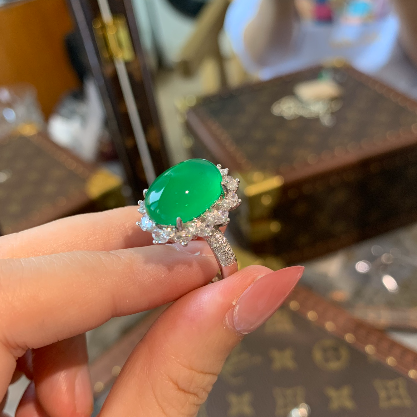 新中式银镶高冰阳绿玉髓玛瑙戒指指环