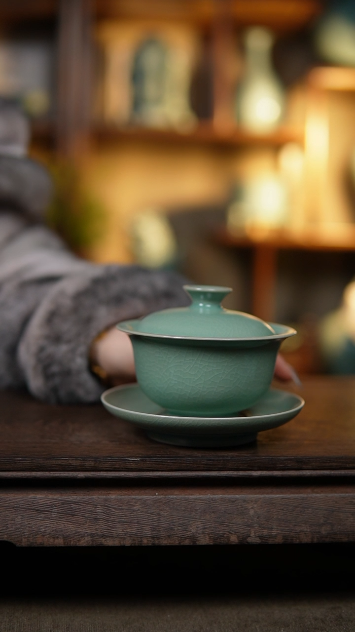 【闪购商品】杯仿古翡翠绿三才元宝盖碗一级