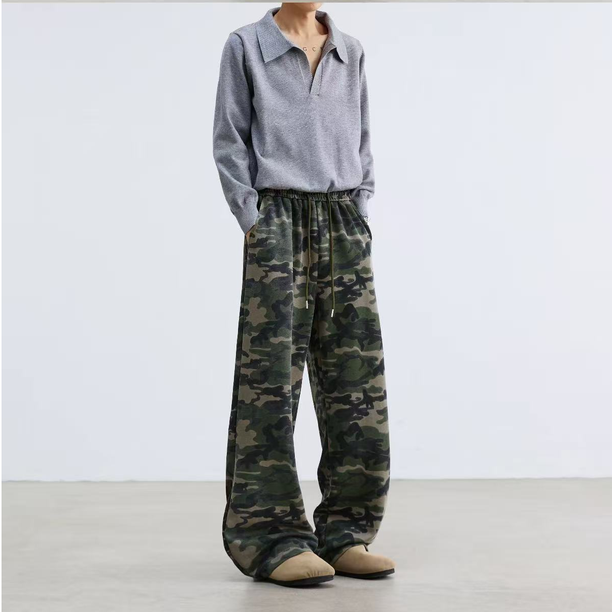 WanKu重磅秋装美式复古迷彩裤男水洗宽松直筒休闲裤情侣卫裤