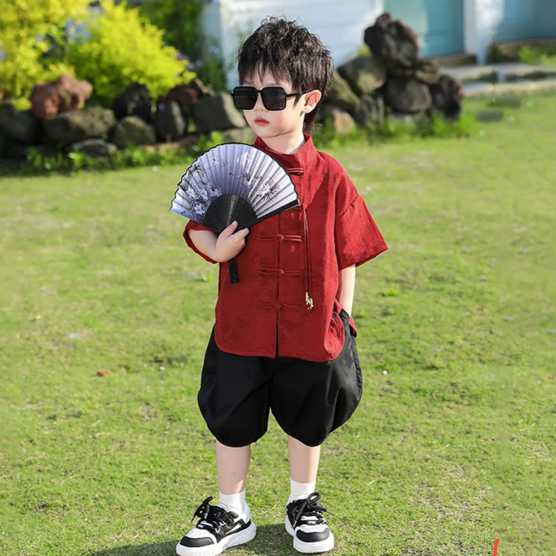 男童中式幼儿园清新正版学生版潮款复古风汉服两件套套装衬衣喜庆