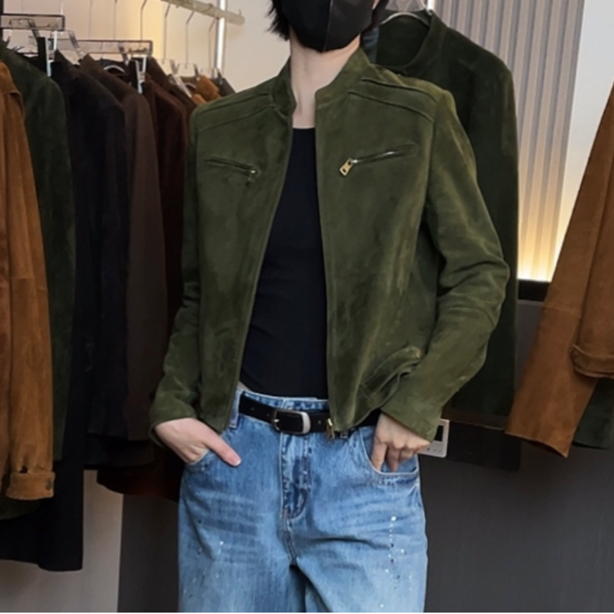 新款CLIN立领真皮羊皮机车短款复古皮衣夹克外套