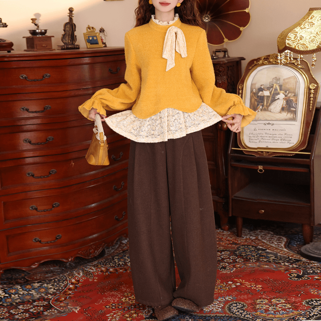 复古时髦秋冬套装女假两件蕾丝拼接长袖上衣高腰阔腿裤休闲两件套
