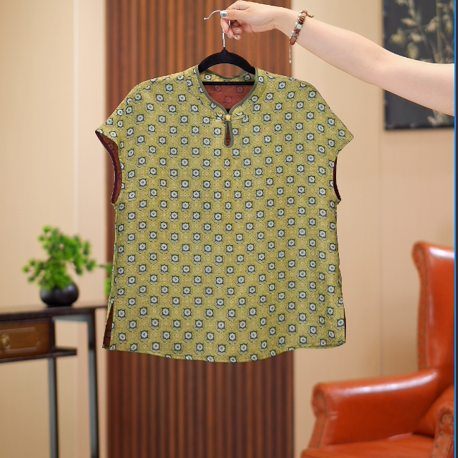 2025新款新中式 苹果绿水滴领红云纱小衫-XT-658