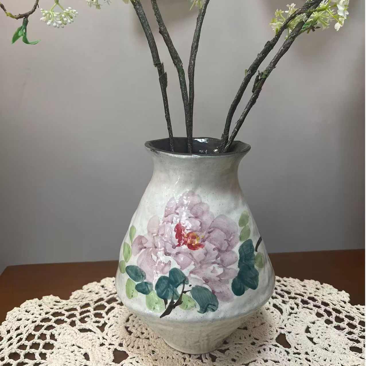 淳也-五彩牡丹钱袋子陶瓷花瓶 Y7060A86(高20 口9）