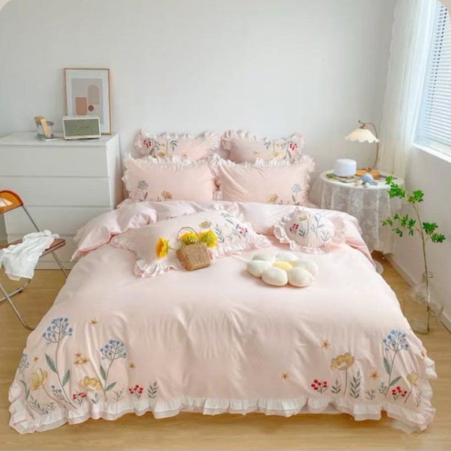 轻闲 | 花海全棉水洗棉小清新花卉刺绣花四件套纯棉双人被套