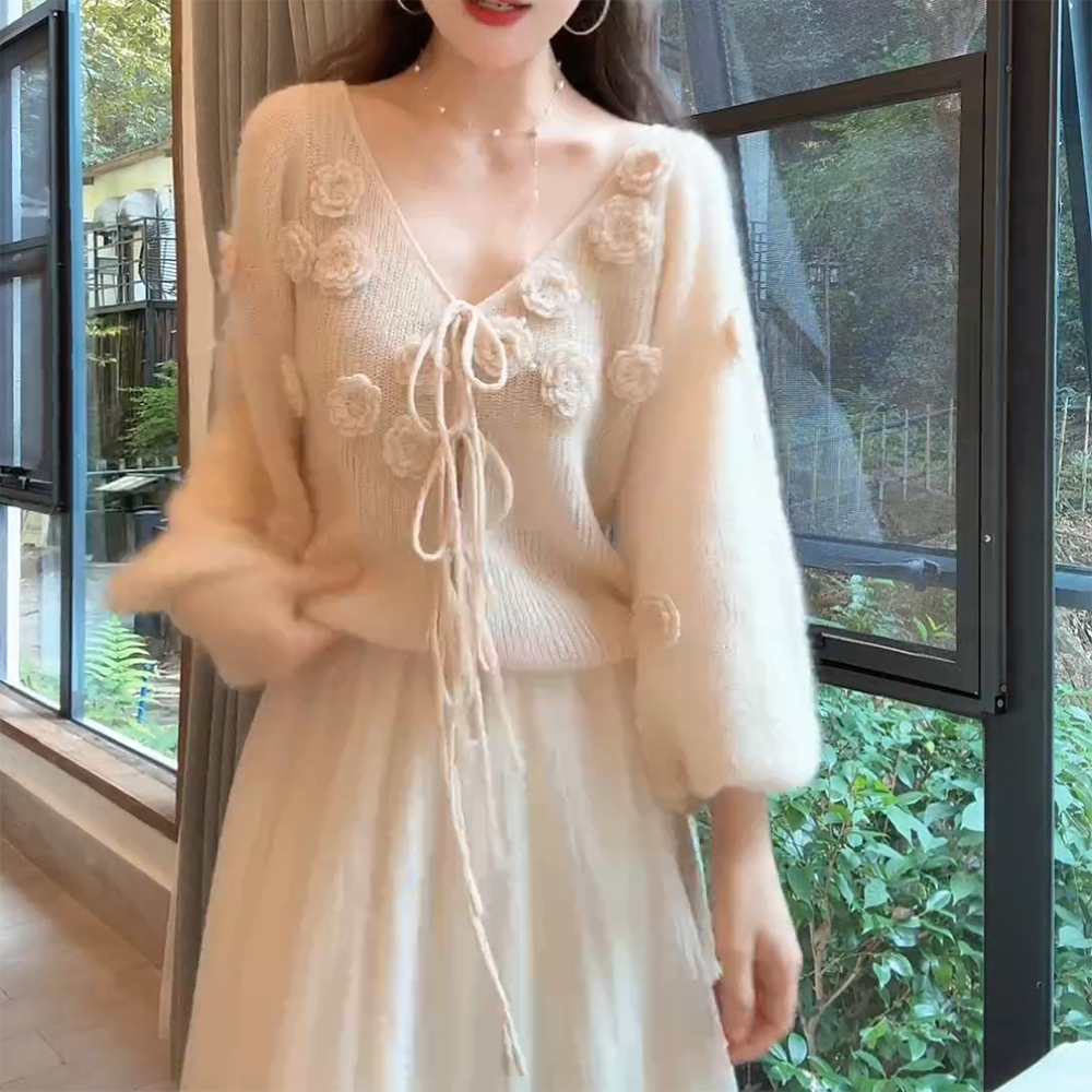 【花蜜花海】秋冬新款手工立体钩花V领软糯时尚女毛针织衫W1128