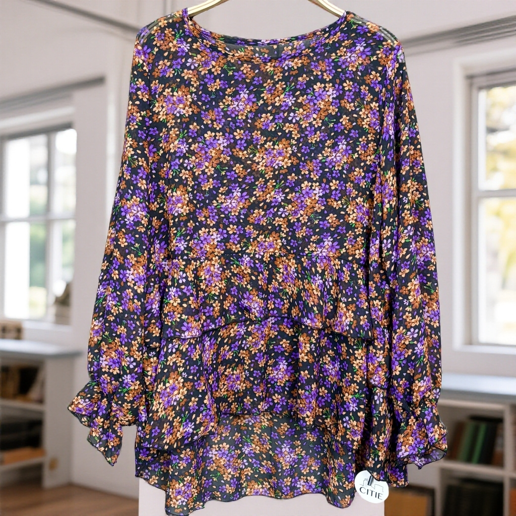 539紫色碎花荷叶摆长袖上衣秋季宽松洋气衬衫