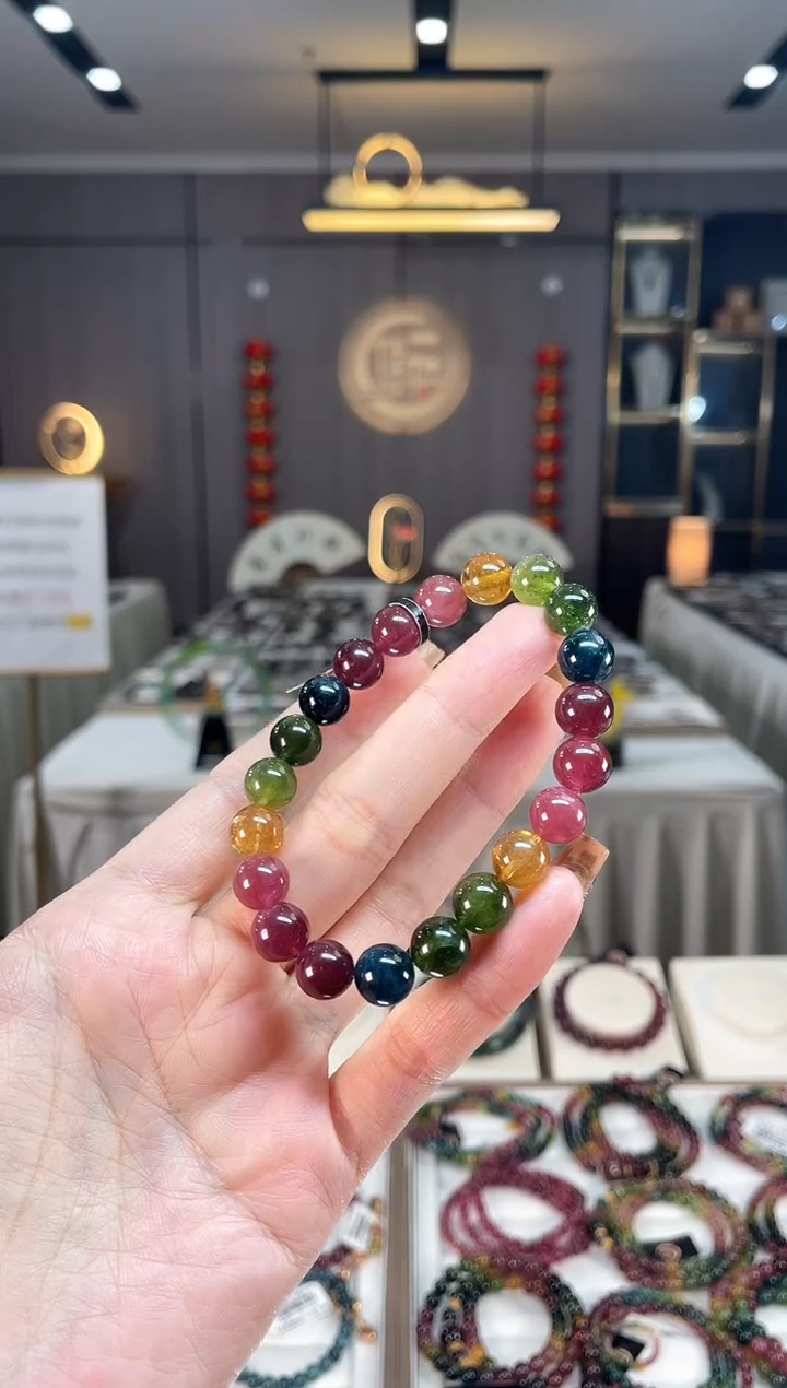 未镶嵌老矿碧玺色标彩虹单圈手串9mm+碧玺dan多样性发货一条