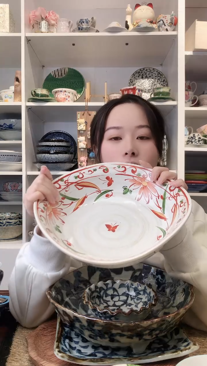 陶瓷bloom手绘赤绘花蝶三足大钵24.5cm