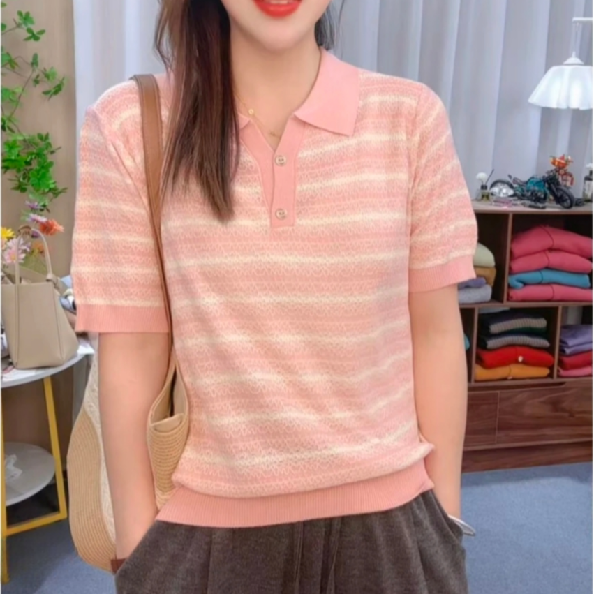 058【撞色条纹   POLO领   短袖】100%莱赛尔天丝高级气质针织女衫