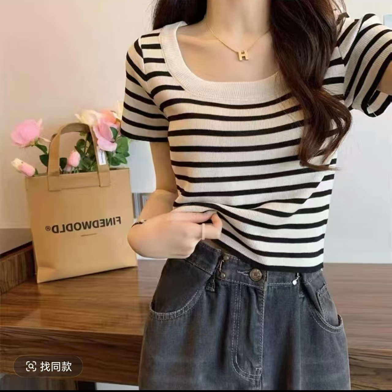 66728AA春夏新款条纹上衣女衬衫T血气质拼接时尚洋气撞色休闲显瘦