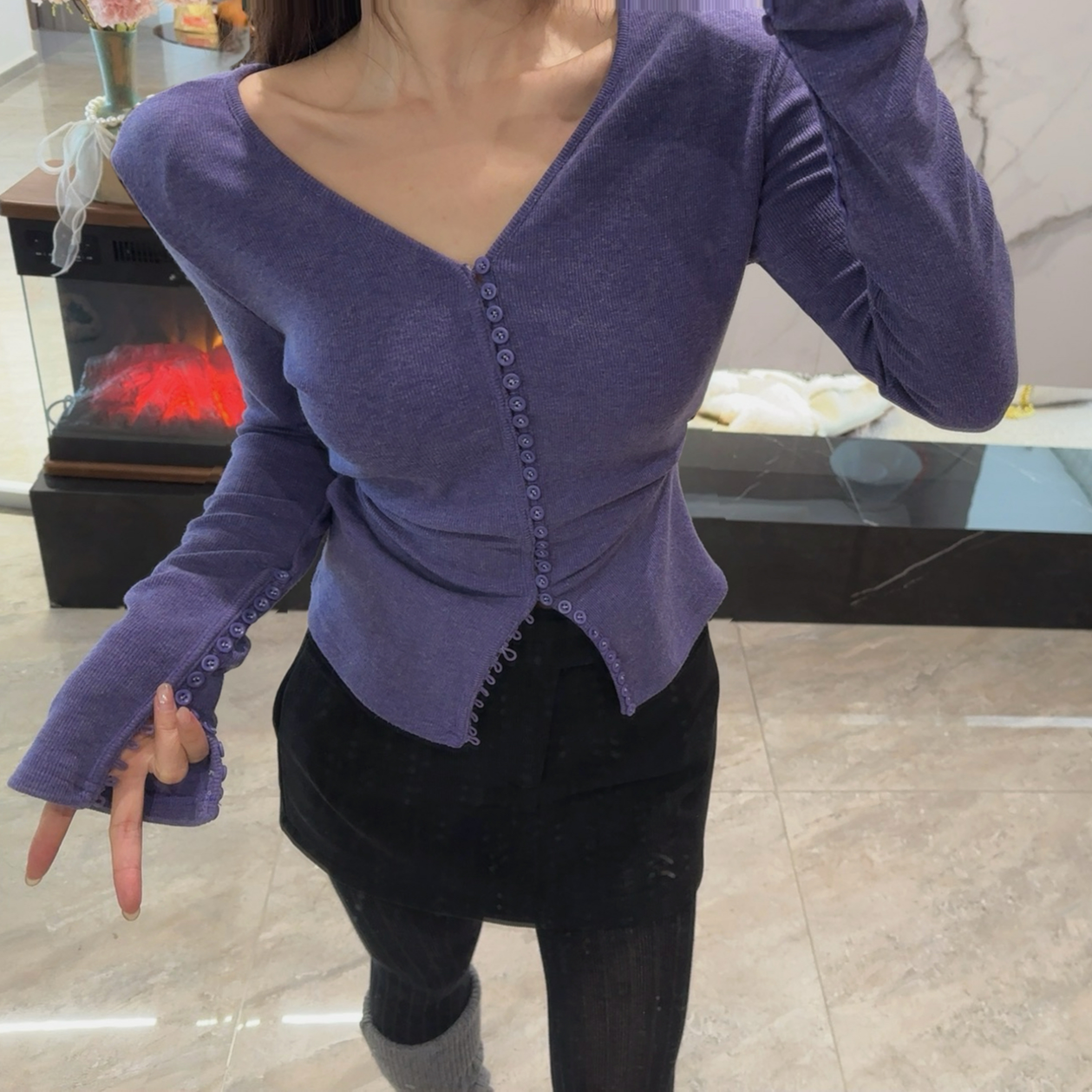 【紫调流光】原单定制重工多扣子v领垫肩上衣