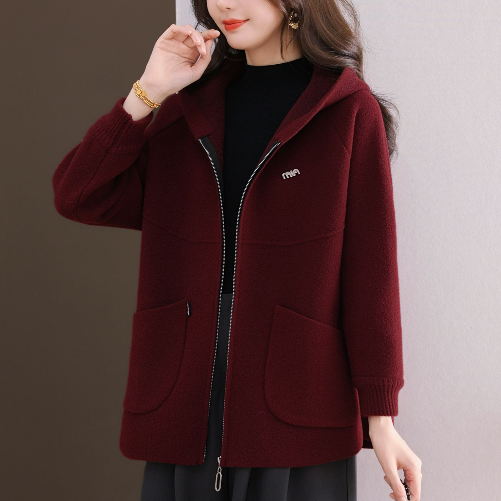 秋冬新款连帽毛呢外套女宽松加肥加大码休闲时尚百搭洋气针织开衫