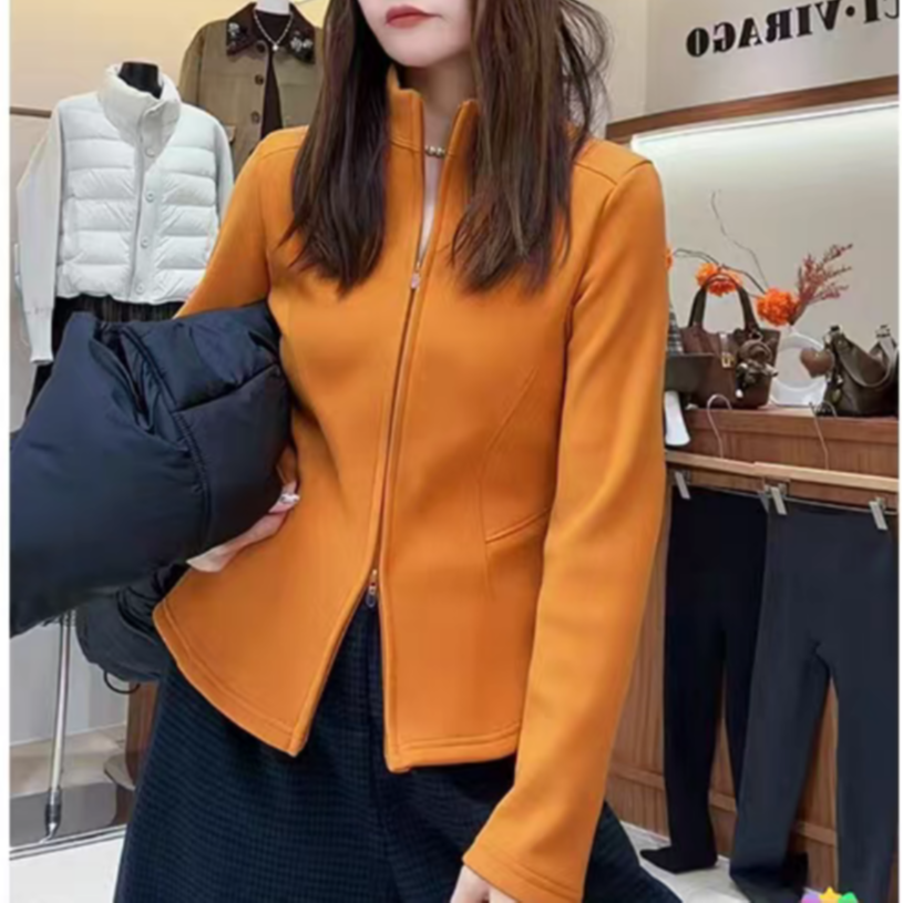 【胖彤彤】90010#双拉链拼接显瘦加绒立领上衣Y/092