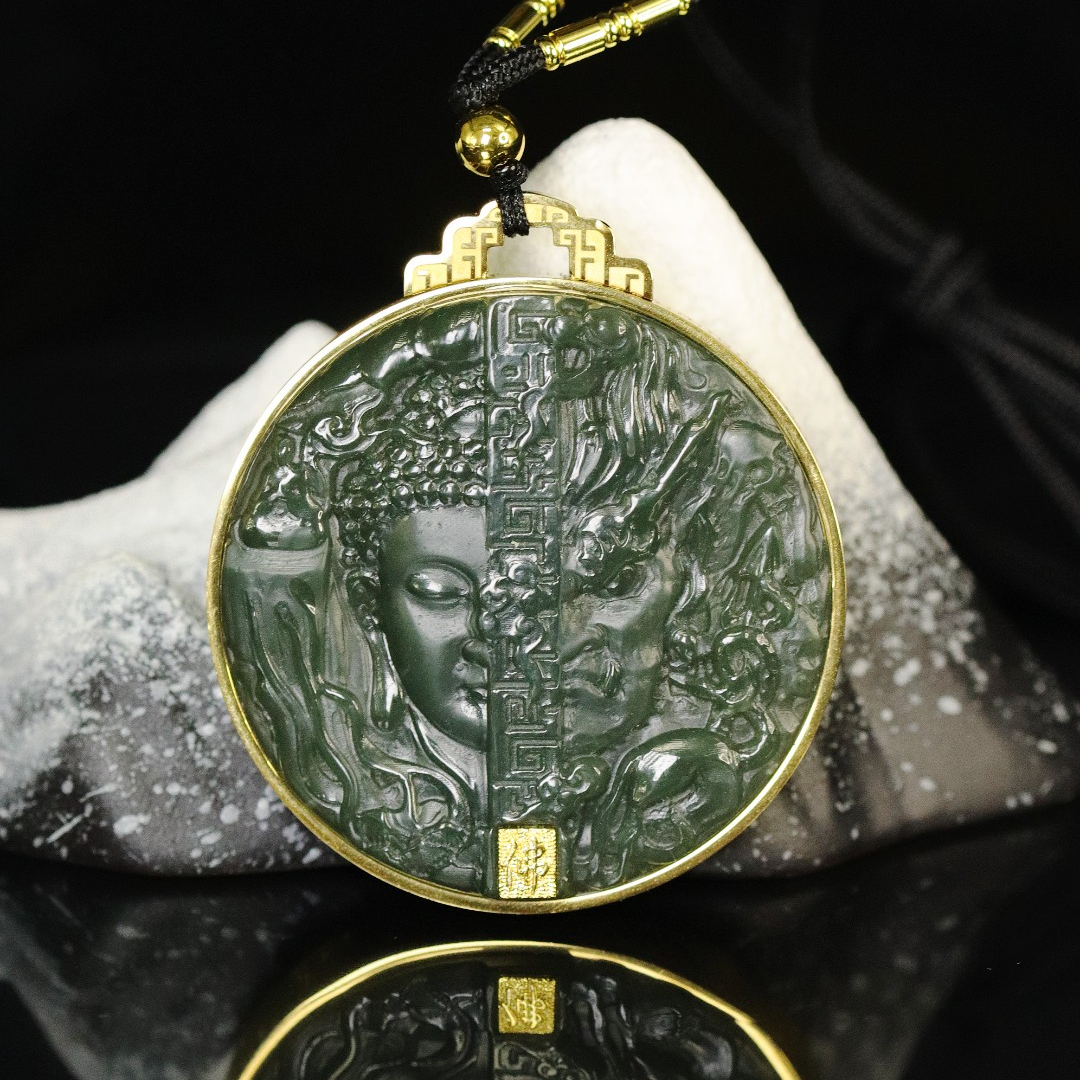 新疆一念之间上等和田玉吊坠玉石挂件雕刻佛与魔平安扣直播间年货
